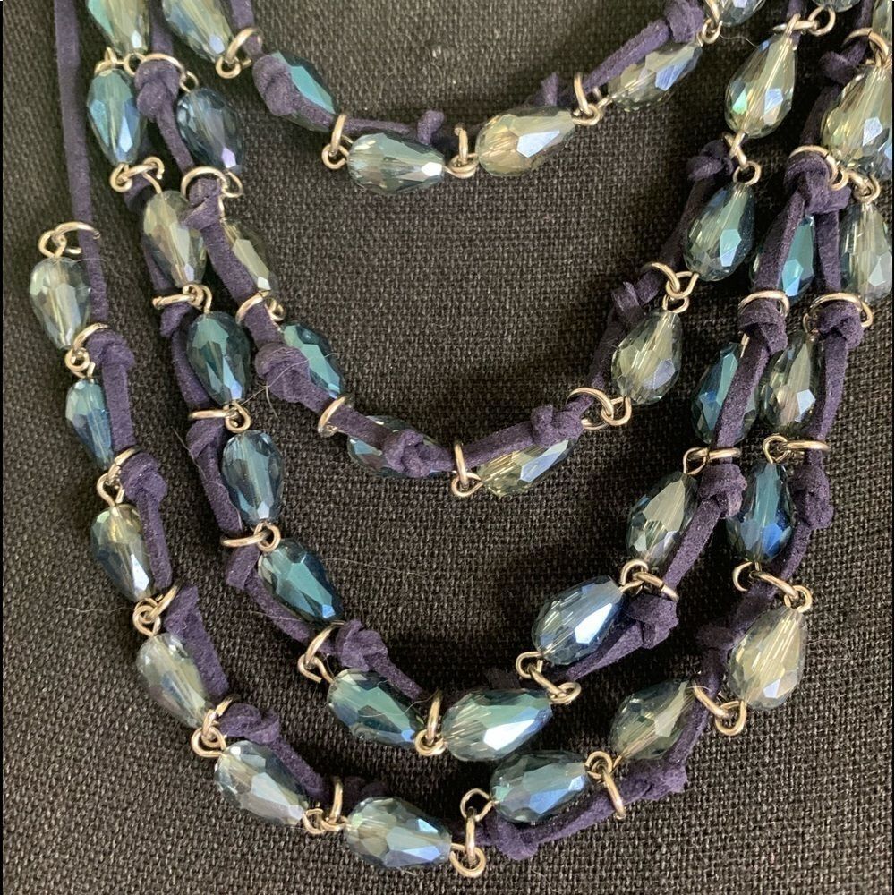 Sparkly blue glass multi strand necklace on satin rope/ silver - Picture 2 of 5